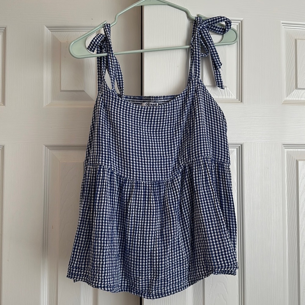 Old Navy Blue & White Gingham Tie Top
